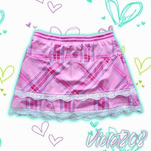 [L] Pink Plaid/Tartan Silky Lace Mini Skirt